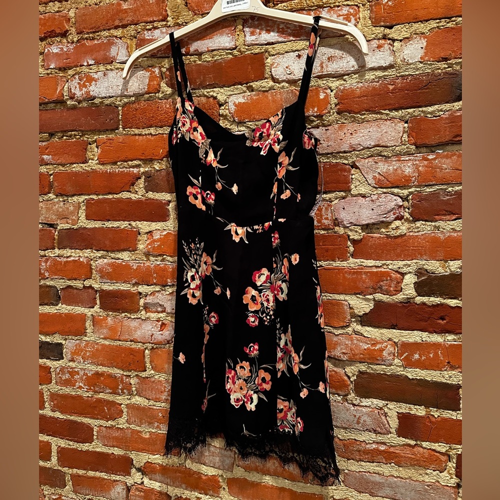 Reformation.  Size 0.  Black mini dress with pink flowers & black lace.